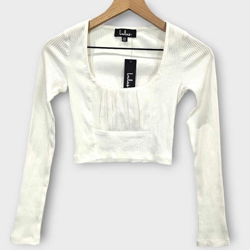 Lulu's White Ribbed Long Sleeve Crop Top - Picture 2 of 9